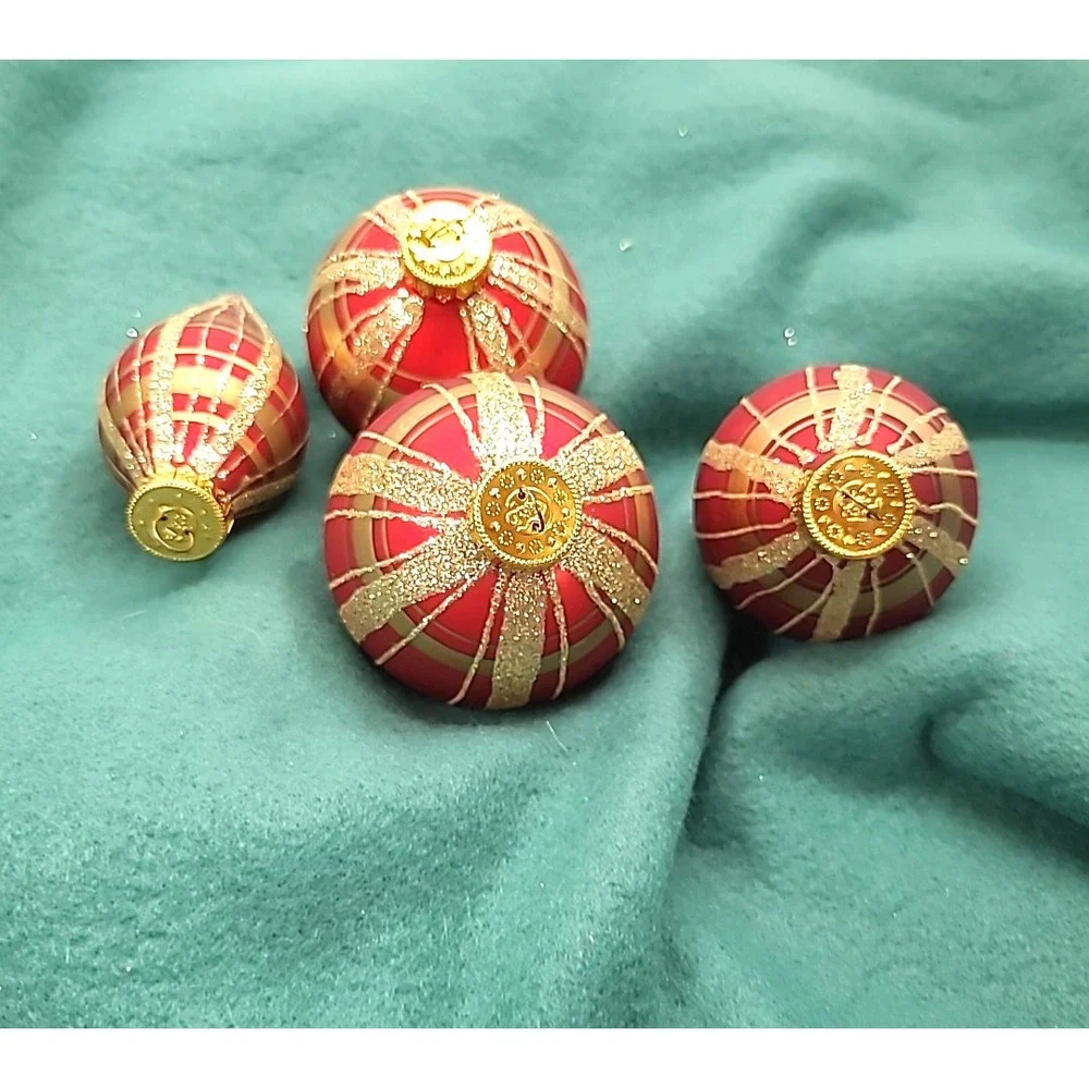 Four Red and Gold Hand‎ Painted Plaid Glass Christmas Ornaments